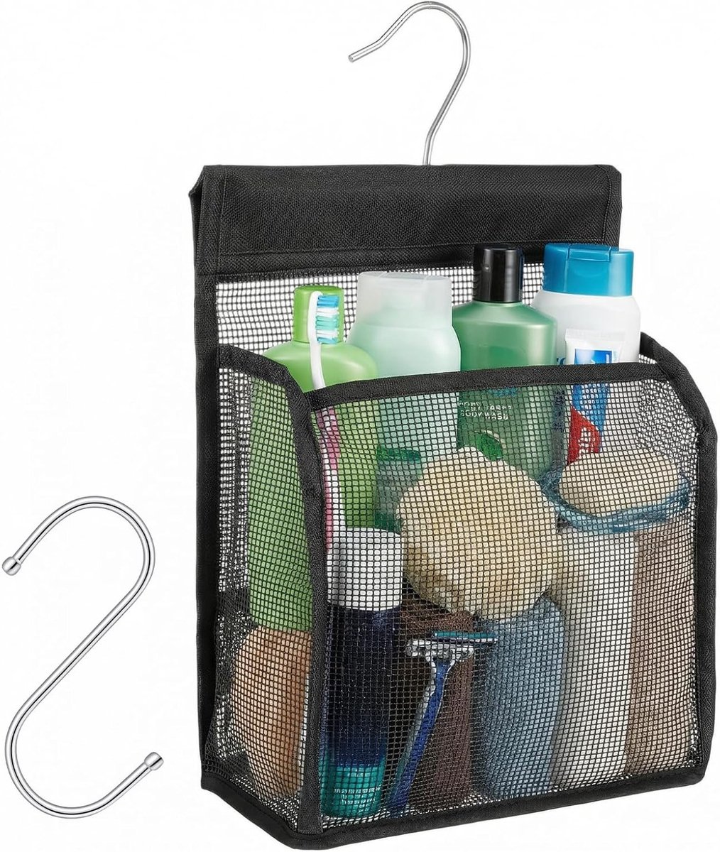 Zwarte Mesh Douche Organizer met Haken voor Badkamer, Ideaal voor College, Gym en Reizen