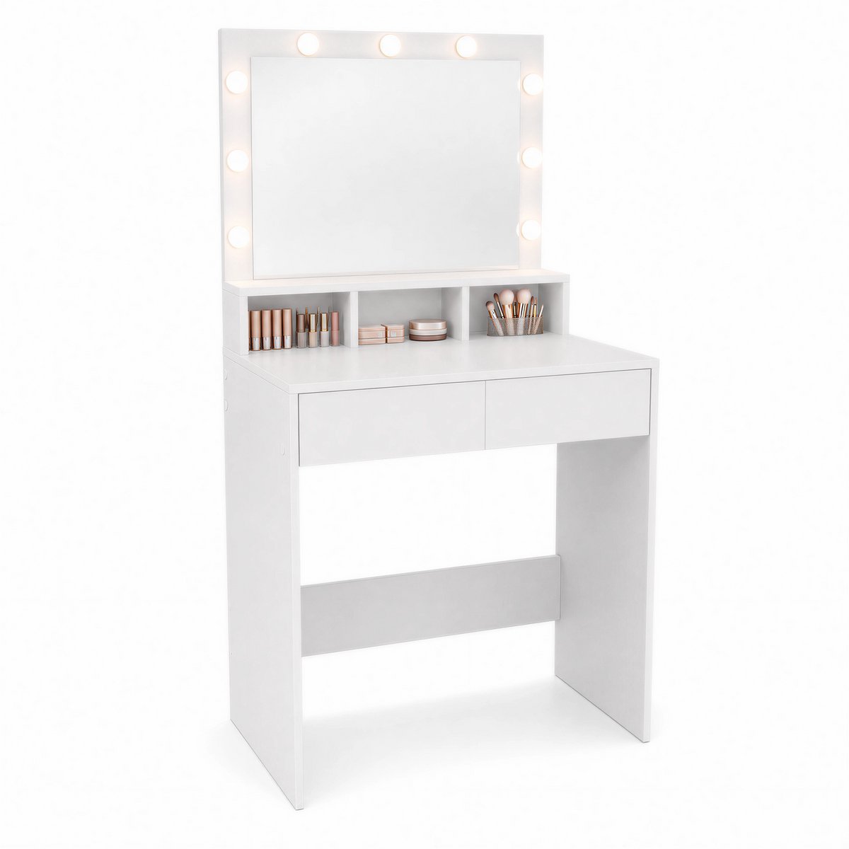 Monza Home® Make Up Tafel – Kaptafel met Spiegel en Verlichting – 2 Laden – 3 Vakken – Wit