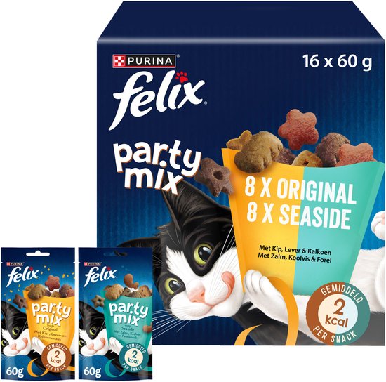 Felix Party Mix - Kattensnacks - Kattensnoepjes - Original & Seaside - 16 x 60 g
