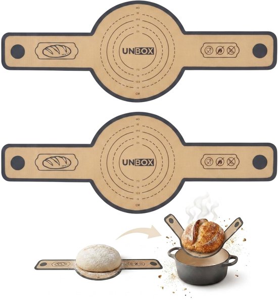 Twee bruine bakmatten met cirkelvormige maataanduidingen en illustraties van brood en vuur. Onderste mat toont een brood dat uit een pan wordt gehaald.