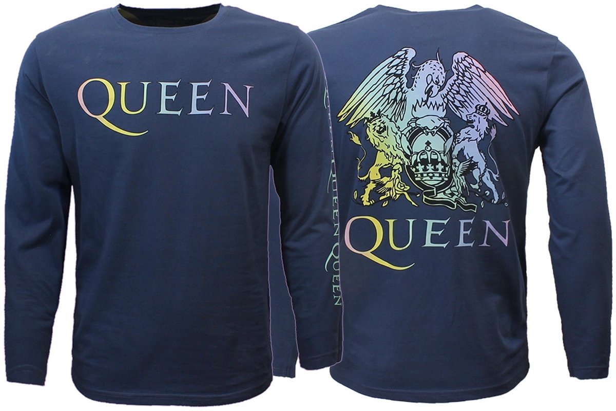 Queen Rainbow Crest Denim Blue Longsleeve T-Shirt - Officiële Merchandise - XXL