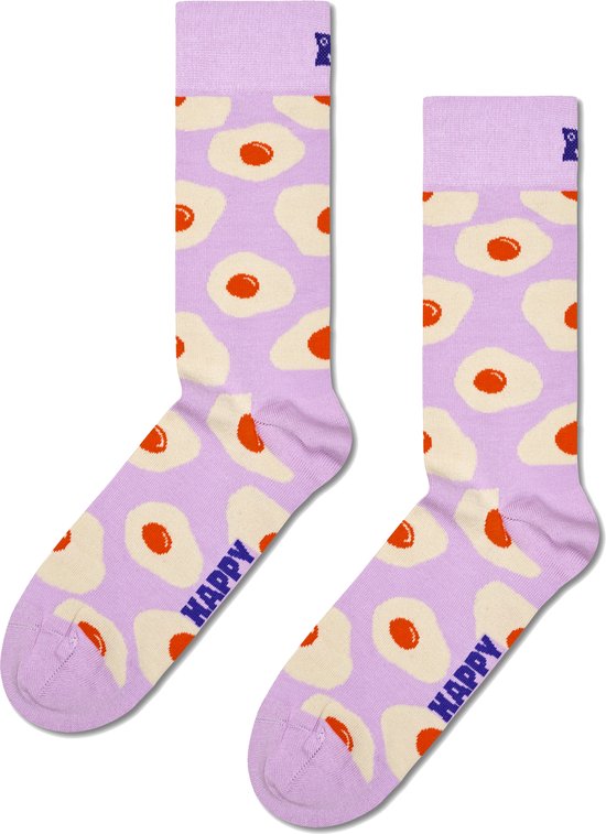 Paarse sokken met een print van gebakken eitjes en het woord 'HAPPY'.