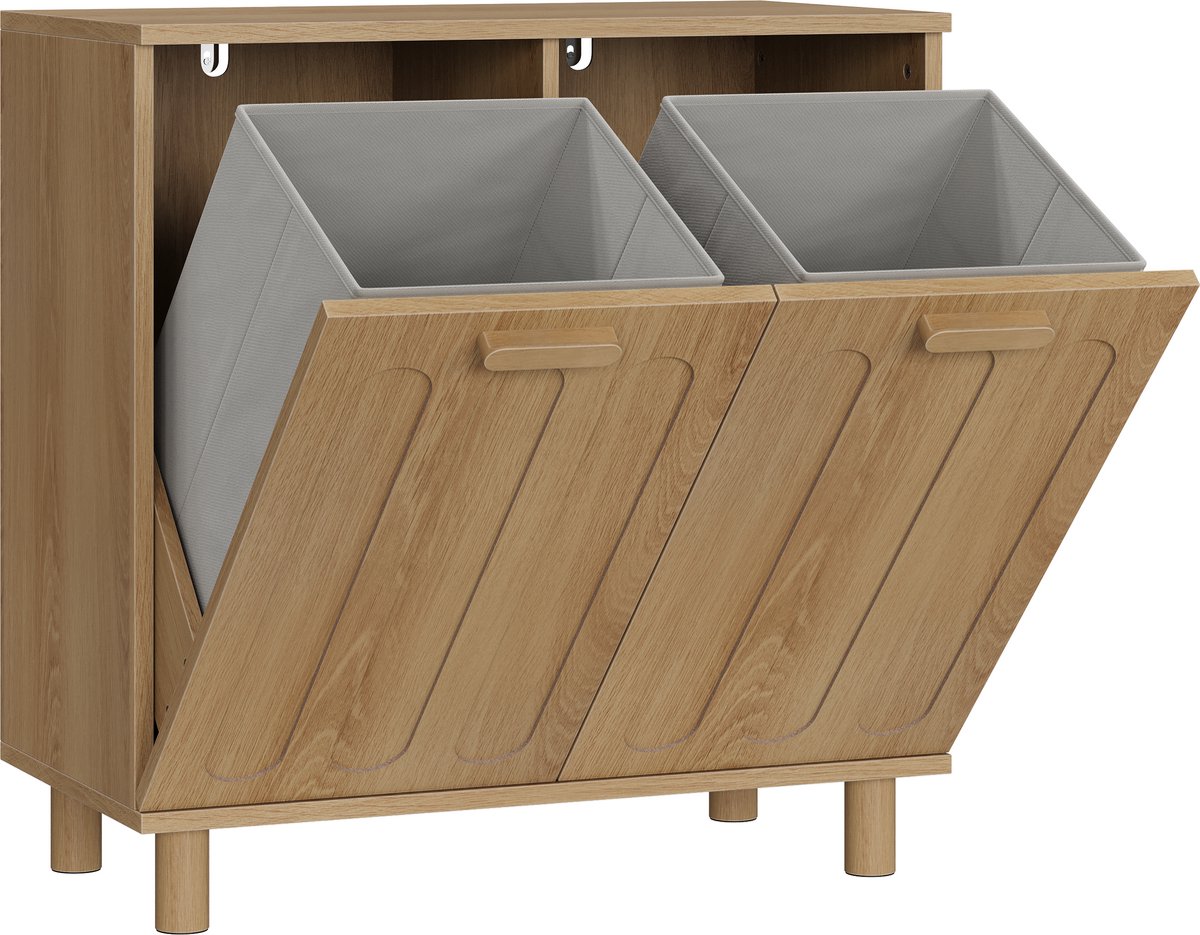 Merax Wäschekast Eikenkleur - Wäschemand Kast 66 cm - Kantelbare Wäschebak met Uitneembare Zak - Badkamer Opbergkast - Wasgoed Kast