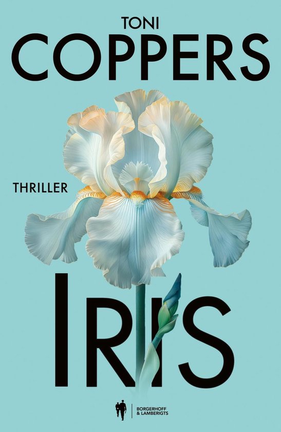 Boekcover "Iris" van Toni Coppers, met een witte iris en de tekst "Thriller".