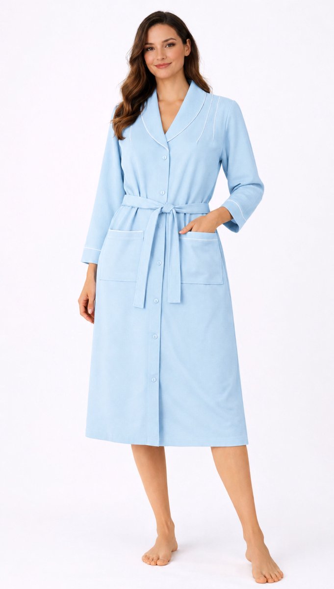 Dames lange ochtendjas (Peignoir ) van Eskimo met knoopsluiting wafelstof Bleu - maat S