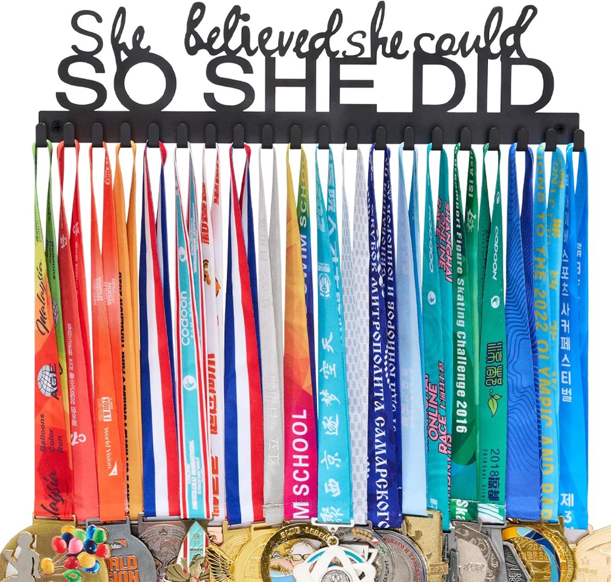 OUYLAF Medaille rek - 40cm - Medaille houder - Medaillehanger - Medaille display - Medaille ophangen - Haken voor prijzen - Winnaars cadeau - Wedstrijd prijzen - Medaille organizer zwart