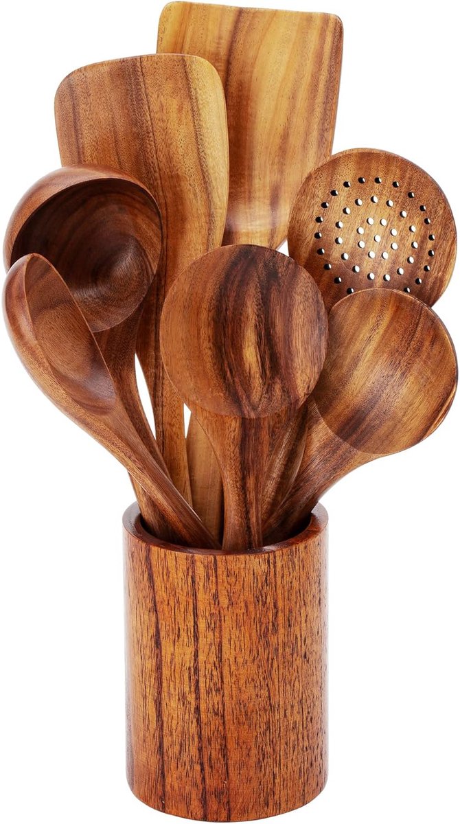 MIVRAY Keukengerei-Sets - Houten Keukengerei Voor Koken - Complete 7-Delige Spatel En Lepel Set - Duurzaam Teakhout - Houtkleur