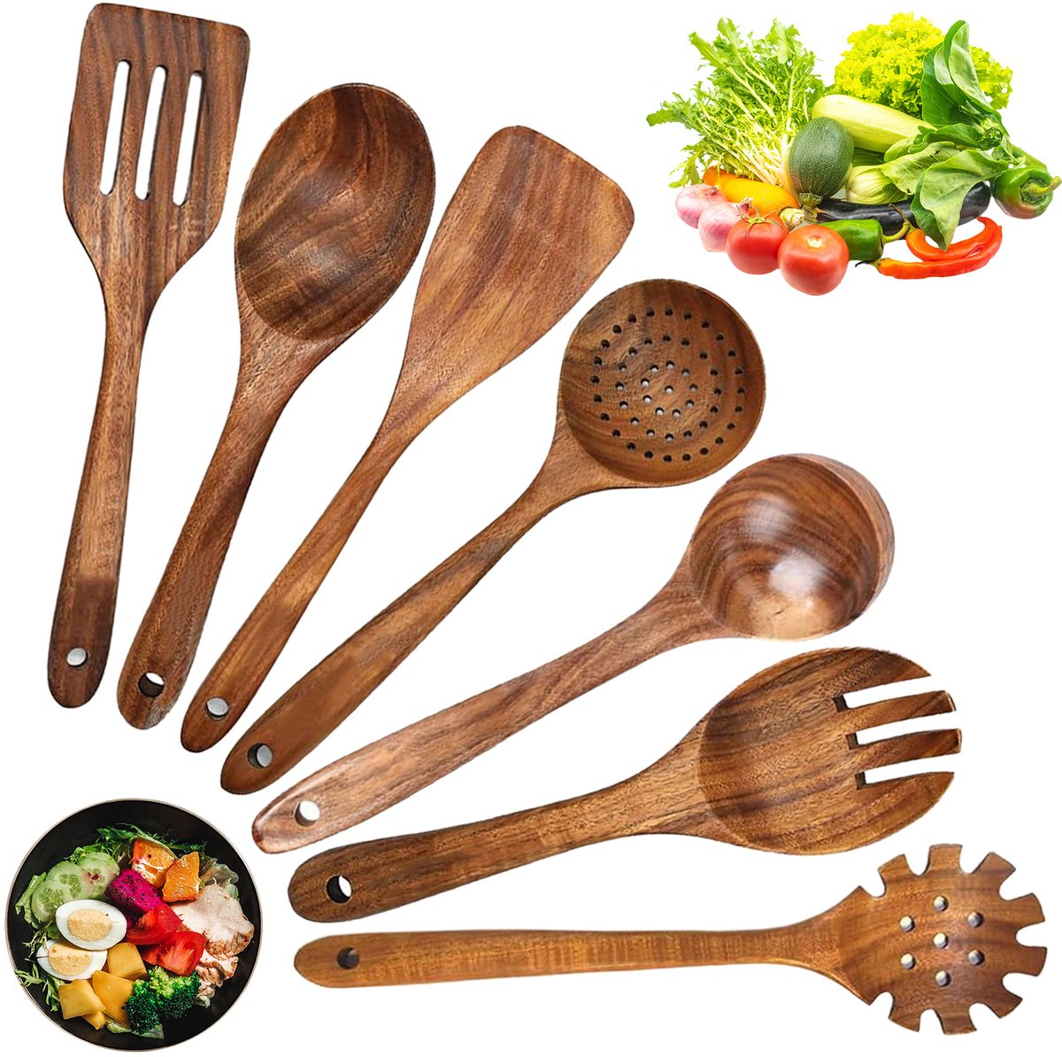 MIVRAY Keukengerei-Sets - 7-Delige Keukenset Van Natuurlijk Teakhout, Kookgerei Set Met Ronde Hoeken, Houten Keukengerei Voor Koken, Natuurlijke Houtkleur
