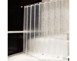 Badkamer Douchegordijn Van PEVA - 3D Waterblokjes Patroon - Waterdicht En Schimmelpestend - Voor Douche/Badkuip/Camper - Met 12 RVS Haken + 3 Magneetjes - Geen Boren - Voor Gezinnen/Huurwoning - Transparant/3D Watermotief - 180x180cm - 1 Set