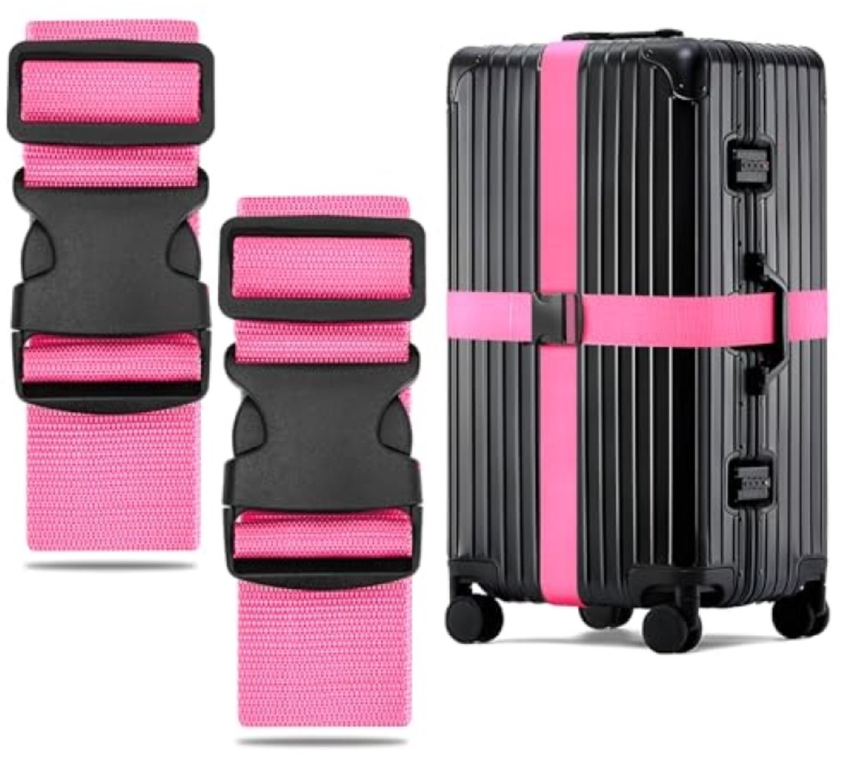 Kofferriemen 2 stuks, verstelbare bagageriemen tot 250 cm, opvallend roze, stevige nylon riemen voor reizen en vliegreizen