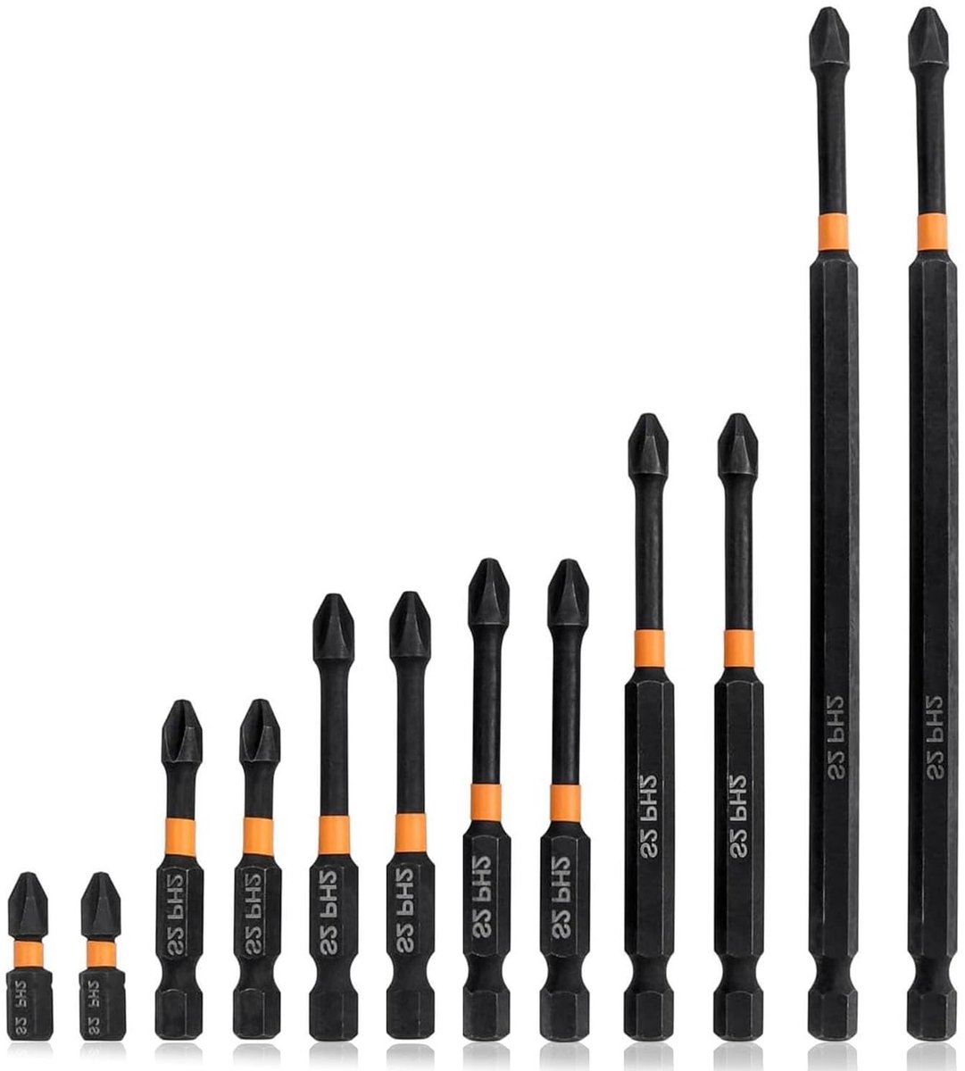 Allecto - Magnetische Schroevendraaier Bit Set - PH2 Phillips - 12 Stuks - 1/4 Inch Hex Schacht - Voor Power Schroevendraaier - Diverse Lengtes