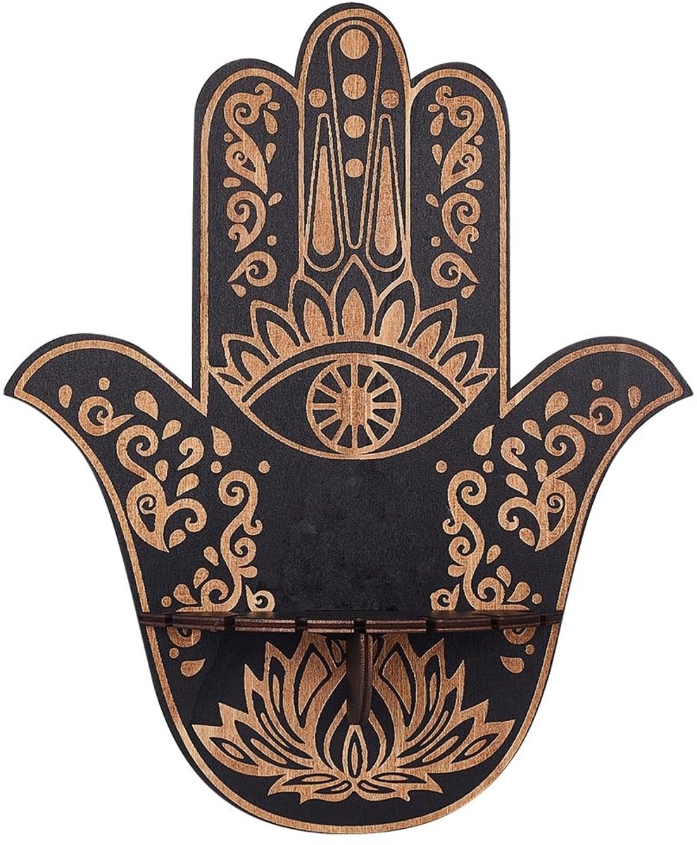 Allecto - Hamsa Kristallen display plank - Wanddecoratie - Zwart - Boze oog - Kristallen houder - Geschikt voor heksenspullen - 25x30cm