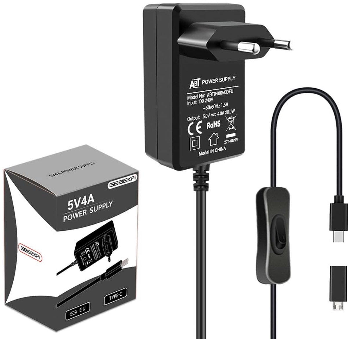 Allecto - Raspberry Pi 4 Voeding - 20W 5V 4A - Met AAN/UIT Schakelaar - USB-C - Geschikt voor Raspberry Pi 4/3B+/3B en Orange Pi 5