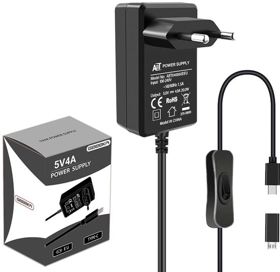 Allecto - Raspberry Pi 4 Voeding - 20W 5V 4A - Met AAN/UIT Schakelaar - USB-C - Geschikt voor Raspberry Pi 4/3B+/3B en Orange Pi 5