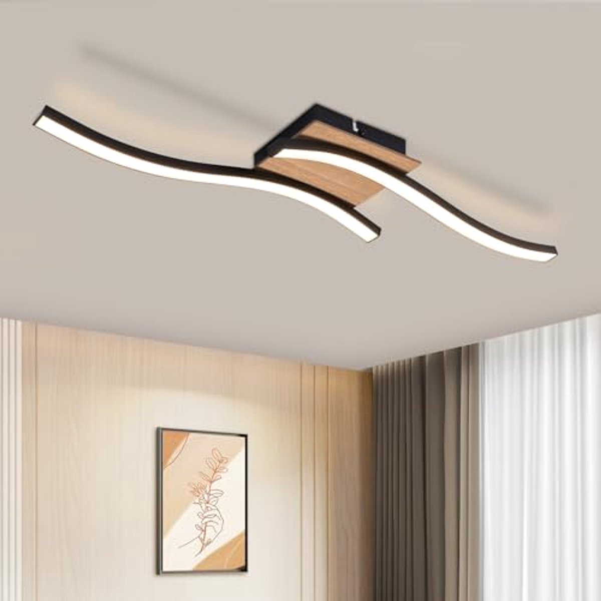 Glitzerlife - Plafondlamp - Modern Design Met Golvende Lijnen - LED Plafondlamp - Warm Wit Licht - Energiezuinig En Flikkervrij - Hout En Metaal - Ø 50.5cm - Zwart En Hout