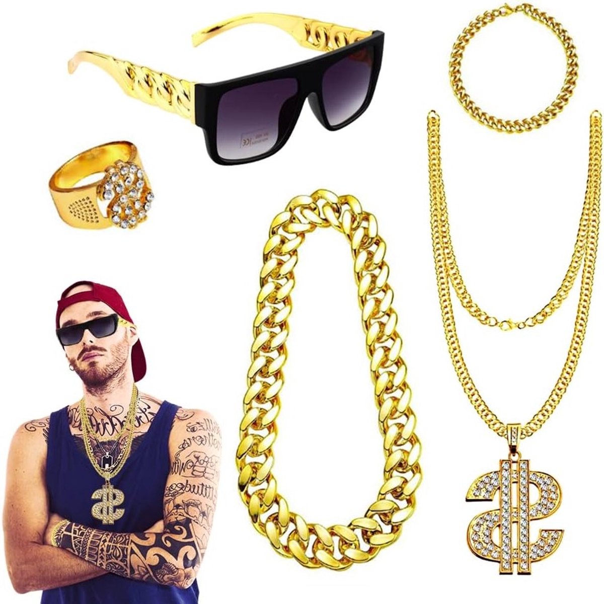 Hip Hop Kostuum Set voor Mannen, 4-delige 80s Outfit met Gangster Sieraden, Rapper Accessoires en Zonnebril voor Feestjes en Thema-avonden