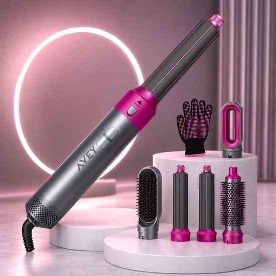 Zilverkleurige AVEY multistyler met roze accenten, inclusief accessoires: borstel, 2 ronde borstels, gladmakende opzetstuk en coanda-opzetstuk.