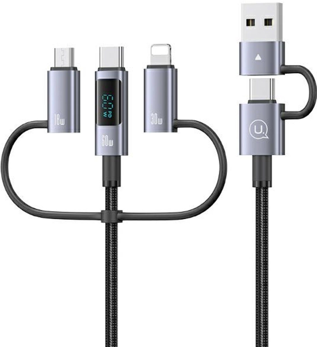 USAMS 6-in-1 Snell Laadkabel 60W 2m met Digitaal Display - Aluminium