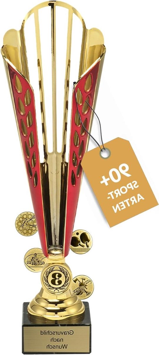 Gepersonaliseerde Trofee Beker - Sportprijs Onderscheiding - Wedstrijden Prijzen Uitreiken - Gravure Naar Keuze - 32 cm - Goud Rood
