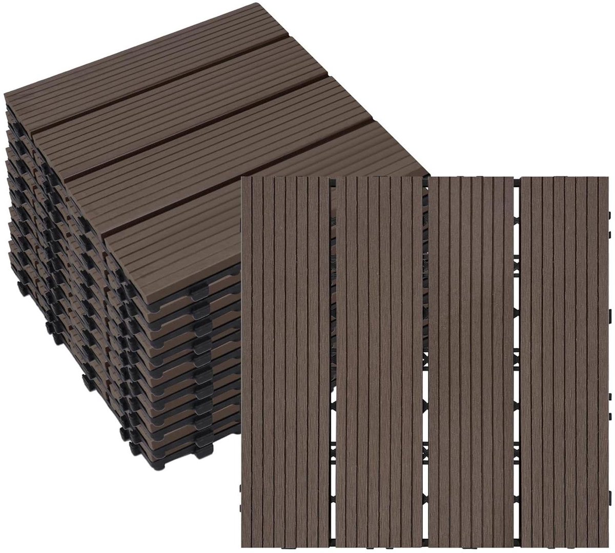 WPC Kliktegels - Terrastegels Houtlook - Balkon en Tuin - Zelfklevend Installeerbaar - 30 x 30 cm - Koffiebruin