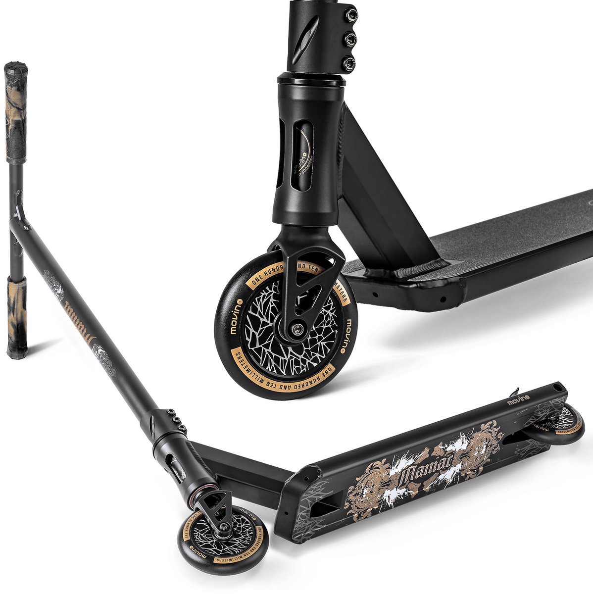 Movino Maniac - Street Stuntstep - Goud - Vanaf 5 jaar - T-BAR - Lagers ABEC-9 CARBON - Aluminium - Flex Fender Rem - Draagkracht tot 100 kg