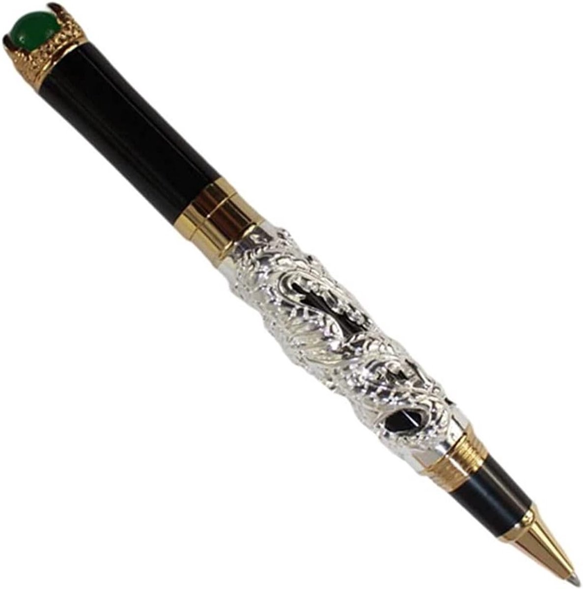 Luxe Zilveren Rollerball Pen in Chinese Ming Dynastie Stijl met Draak en Jade Bal, Perfect voor Kantoor en Cadeau