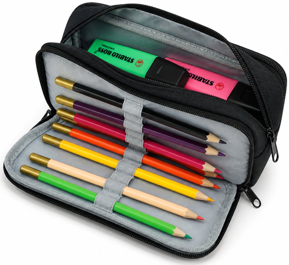 ACROPAQ Etui zwart – Medium etui met 3 vakken – Voor jongens & meisjes – School etui, tekenetui, etuis voor school