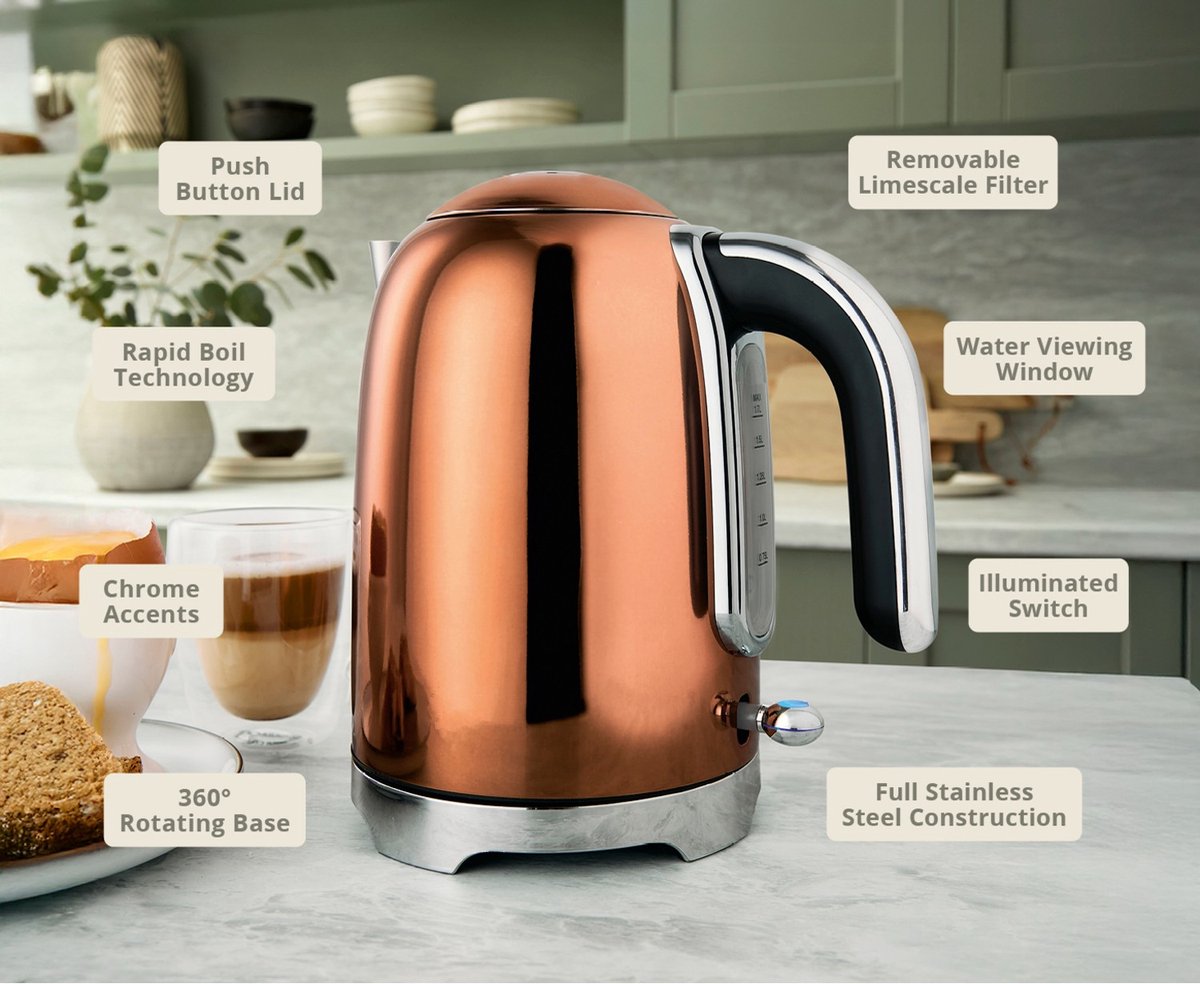 Swiss Haus® SWK2127 Waterkoker - 1.7L - 2200W – Retro Design – Kalkfilter – 360° Draaibare Basis – Kalkfilter - Koper — afbeelding 6