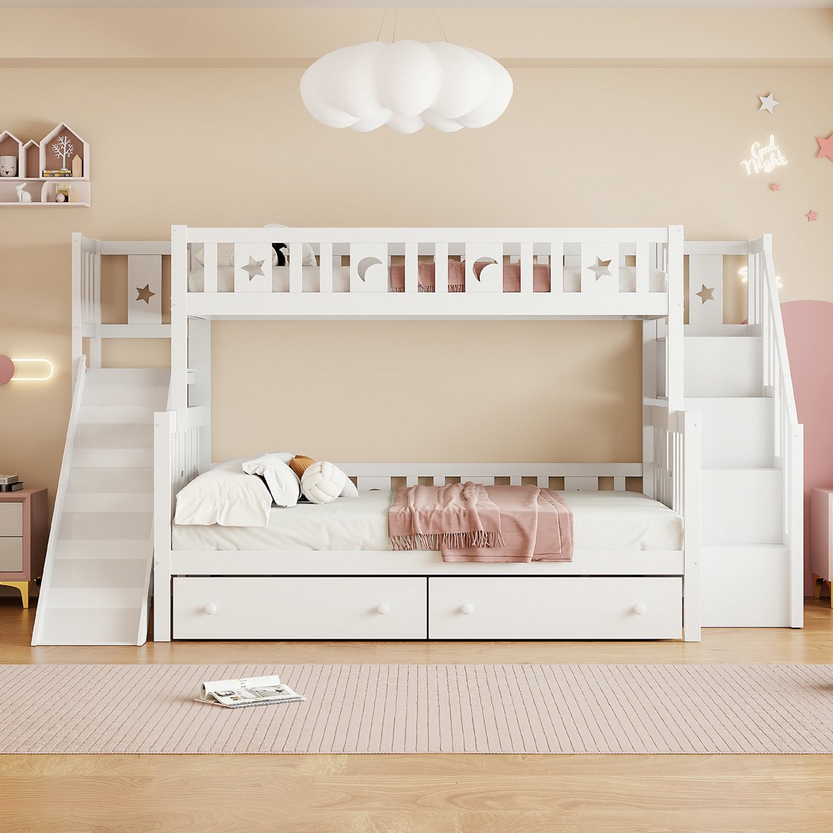 VVBV Stapelbed 90x200 en 140x200 – Kinderstapelbed met Trap, 2 Lades en Opbergrekken – Massief Hout – Wit – Lattenbodem – Voor Kinderen en Tieners