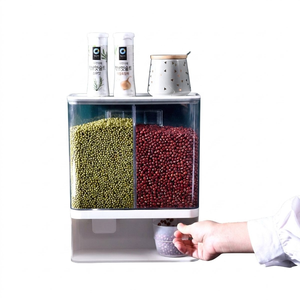 Hearyoo Muesli Dispenser Dubbel - Wandmontage Graandispenser met Doseerknop en Deksel - Voor Cornflakes, Granen en Droogvoer - 3000 ML