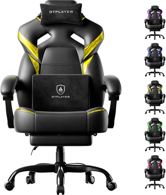 GTPLAYER - GamingStoel - 200kg met Voetensteun en Lenden Hoofdkussen - Geel