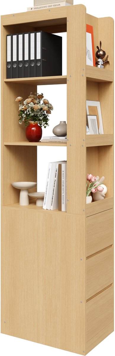 Merax Smalle Boekenkast 200 cm Hoog - Opbergkast met 3 Open Vakken en 3 Lades - Vrijstaand Rek voor Woonkamer en Badkamer - Eikenkleur