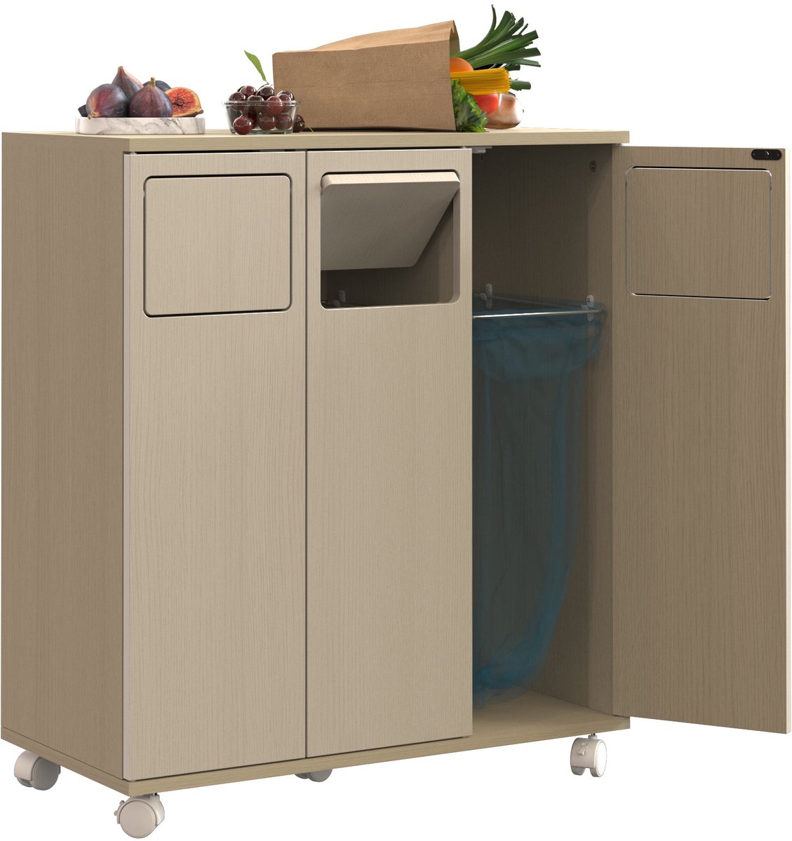 Merax Afvalscheidingskast op Wielen - Keukenkast met 3 Vakken - Verrijdbare Prullenbakkast met Deuren - Licht Houtlook - 69,3x35x80 cm