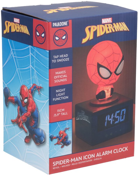 Doos met Spiderman-wekker, 15 cm hoog, met nachtlampfunctie en geluid. Met Spiderman die aan webben hangt.