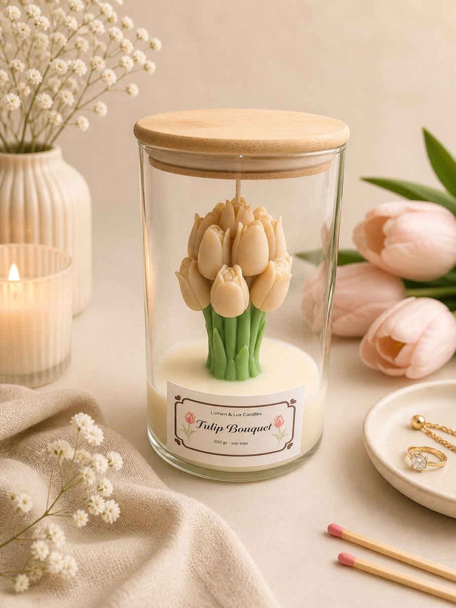 Lumen and Lux Candles Luxe Geurkaars met Tulpdesign – Handgemaakt | Stijlvolle Glazen Pot met Houten Deksel Ivoor, Taupe