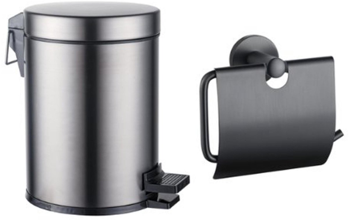 FugaFlow Eccelente Acces toilet accessoireset - toiletrolhouder - met klep - pedaalemmer - 5 liter - geborsteld gunmetal