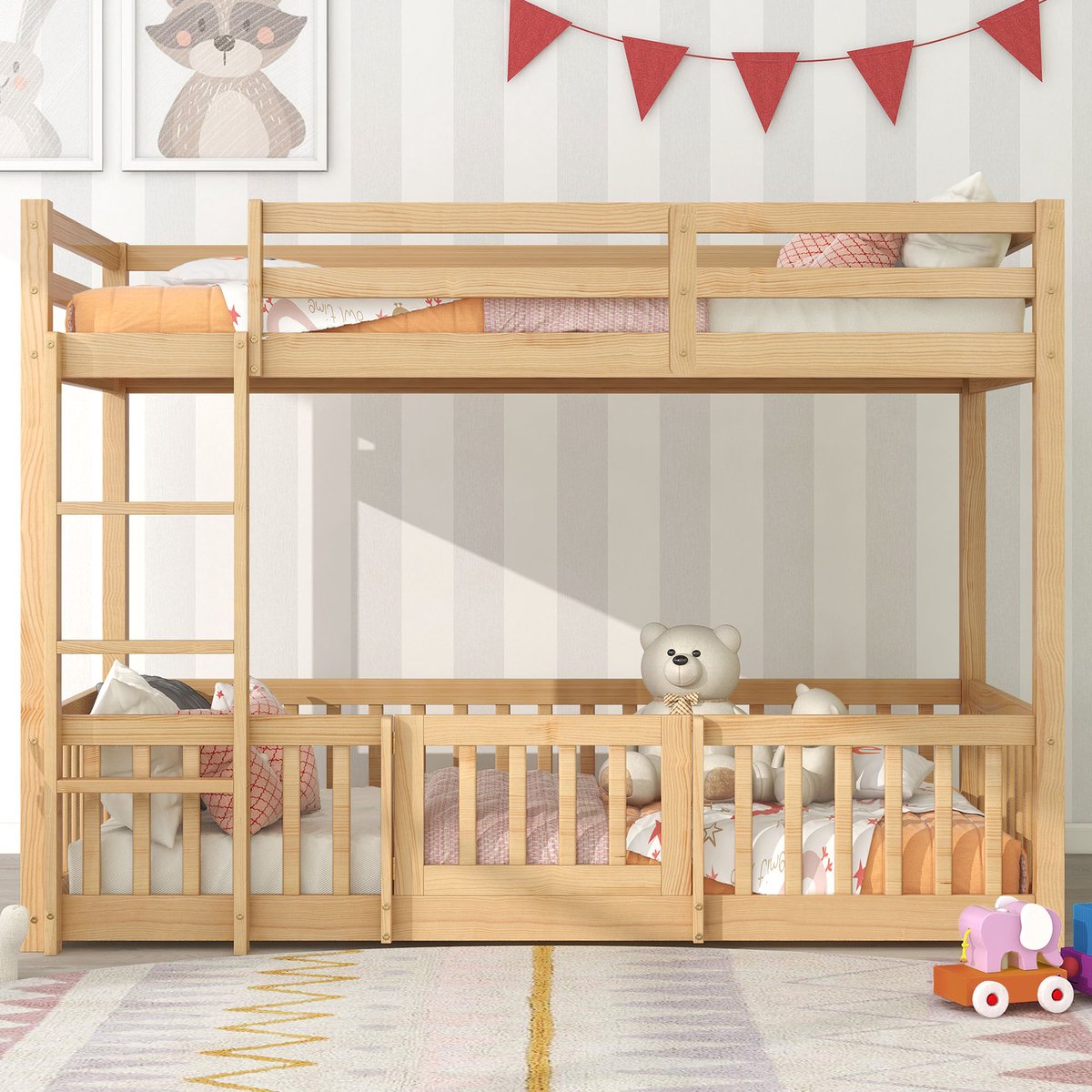 VVBV Houten Stapelbed 90x200 cm met Trap, Hekjes & Deur - Veilig Kinderbed van Massief Grenenhout - Naturel Natuurlijk