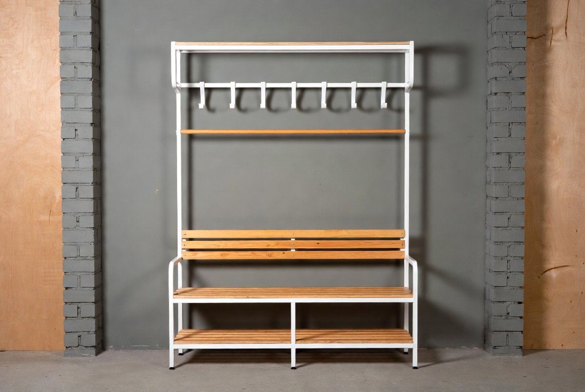 Professionele Garderobebank met Kapstok en Schoenenrek – Massief Hardhout & Stalen Frame – 200 cm – 9 Dubbele Haken – Kleedkamerbank voor Sporthal, School, Zwembad en Bedrijf – Grijs | Ganeey