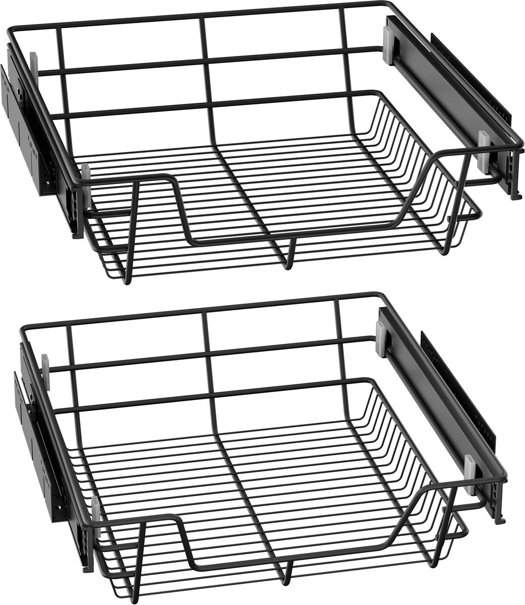 Aufun Set van 2 telescopische keukenkastlades – 50 cm uitschuifbare plank, lade-organizer, volledige uitschuifbaar voor keuken- of slaapkamerlades, belastbaar tot 20 kg, zwart
