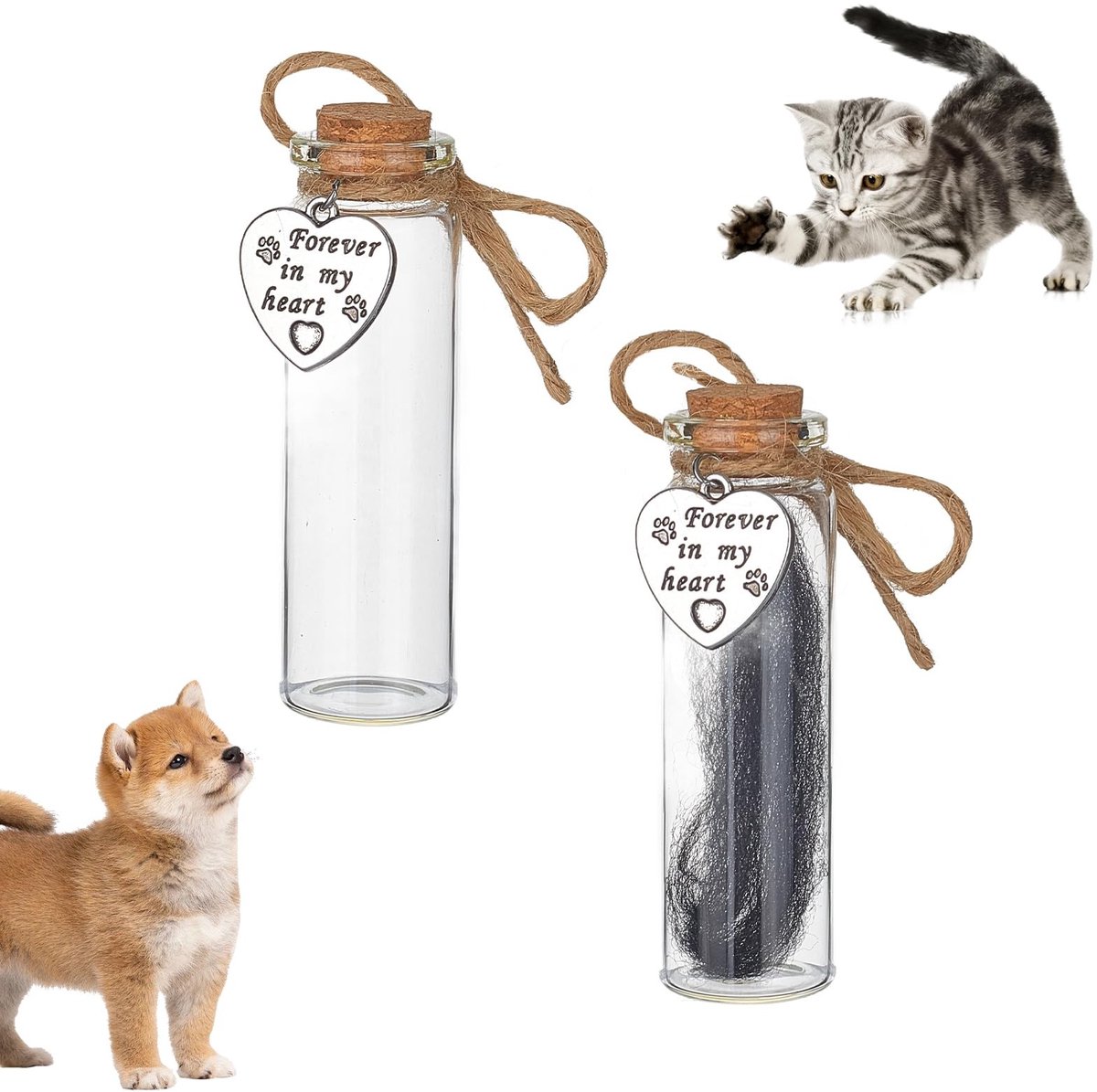 Allecto - Herdenkingsfles voor Dierenharen - 2 Mini Glazen Flessen - Hartvormige Decoratie - Persoonlijke herinneringen - Dierenliefhebbers - Uniek...