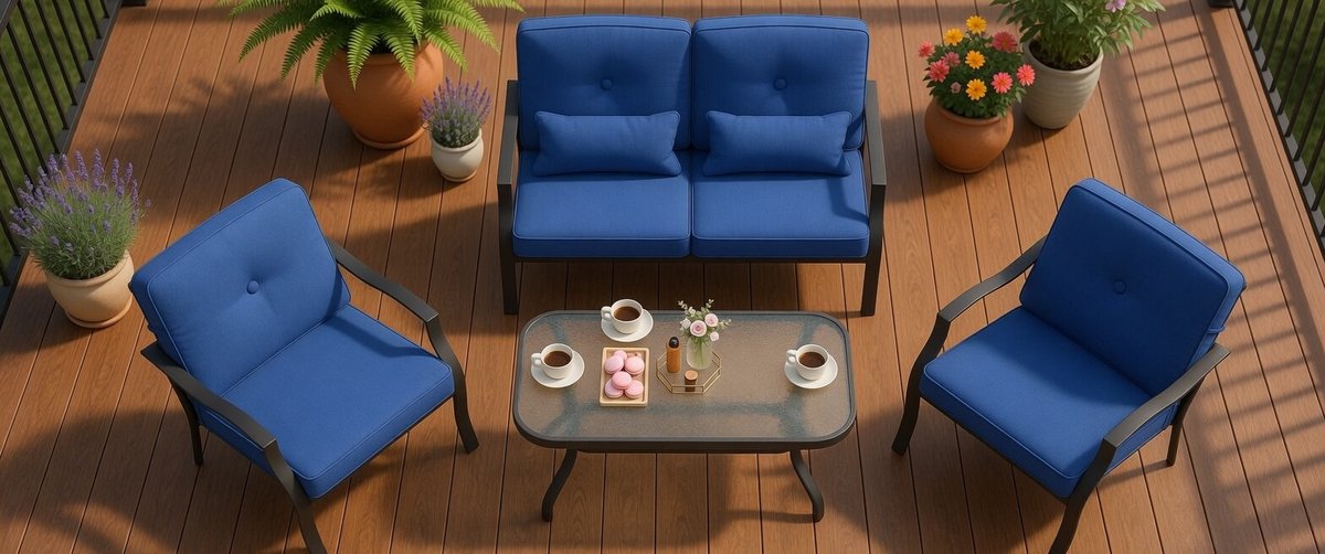 4-Piece Garden Furniture Set, Patio Furniture with Seat, Back and Waist Cushions, Seat Set, Seat Set for 4 People, Garden Furniture incl. 2 Chairs, Sofa & Table, for Garden, Patio-Industrohome