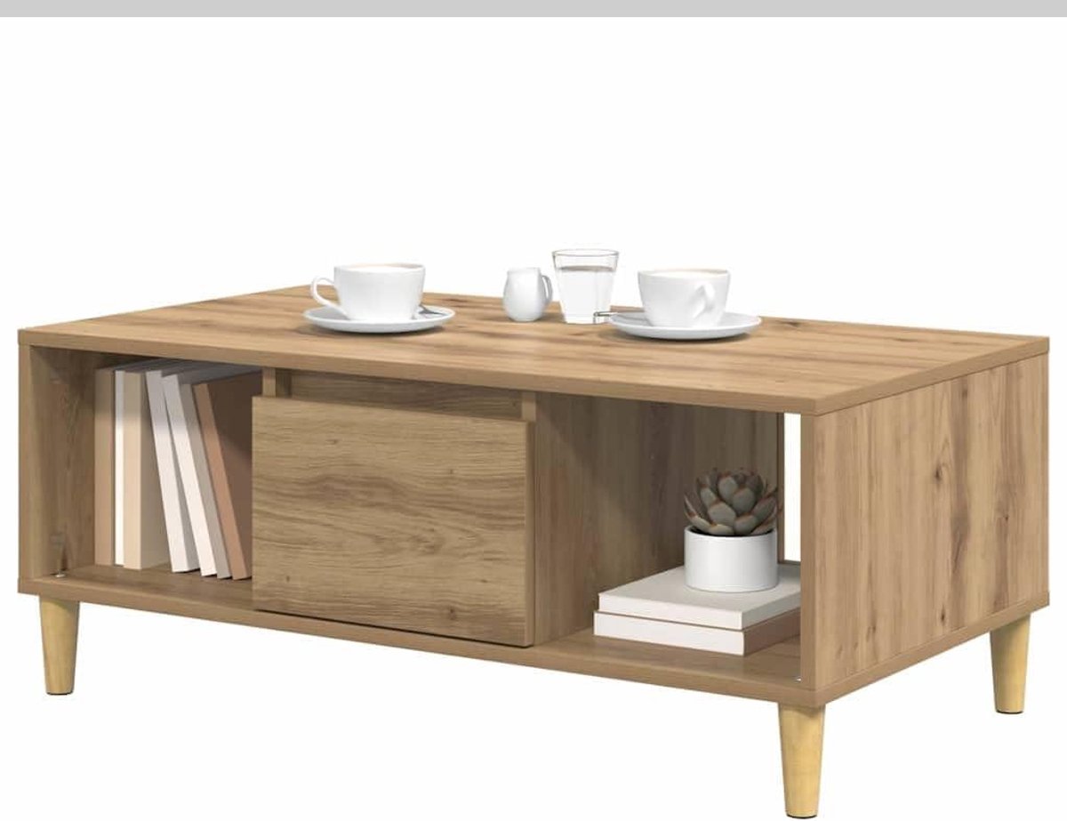 Koffietafel Hout - Salontafel Rechthoekig - Woonkamer Decoratie - Met Opbergplank - 90 x 50 x 26.5 cm - Artisan Eiken