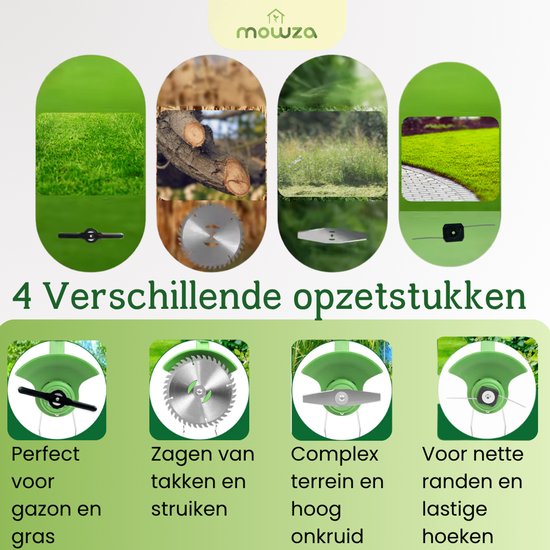 MOWZA® 4-in-1 Kantenmaaier - Grastrimmer - Bosmaaier - Grasmaaier - Draadloos & Elektrisch - Incl. 2 Accu ‘s & Snellader - Wit/Groen van Merkloos	 — afbeelding 4