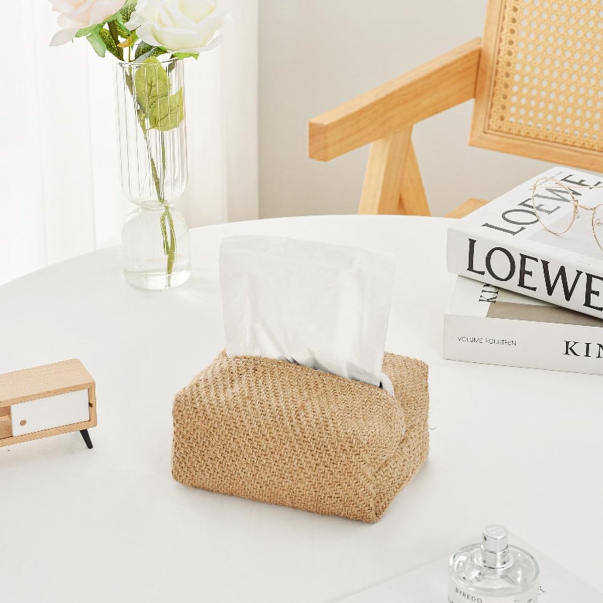 Papieren servettenhouder van katoen en linnen - Minimalistische servettenhouder voor een stijlvolle uitstraling in een bed & breakfast - Opbergzakje - Opbergdoos voor papieren servetten en make-updoekjes - Grof gestructureerd linnen - 17 x 9,5 x 8 cm — cadeau in Cadeau-ideeën - foto 2