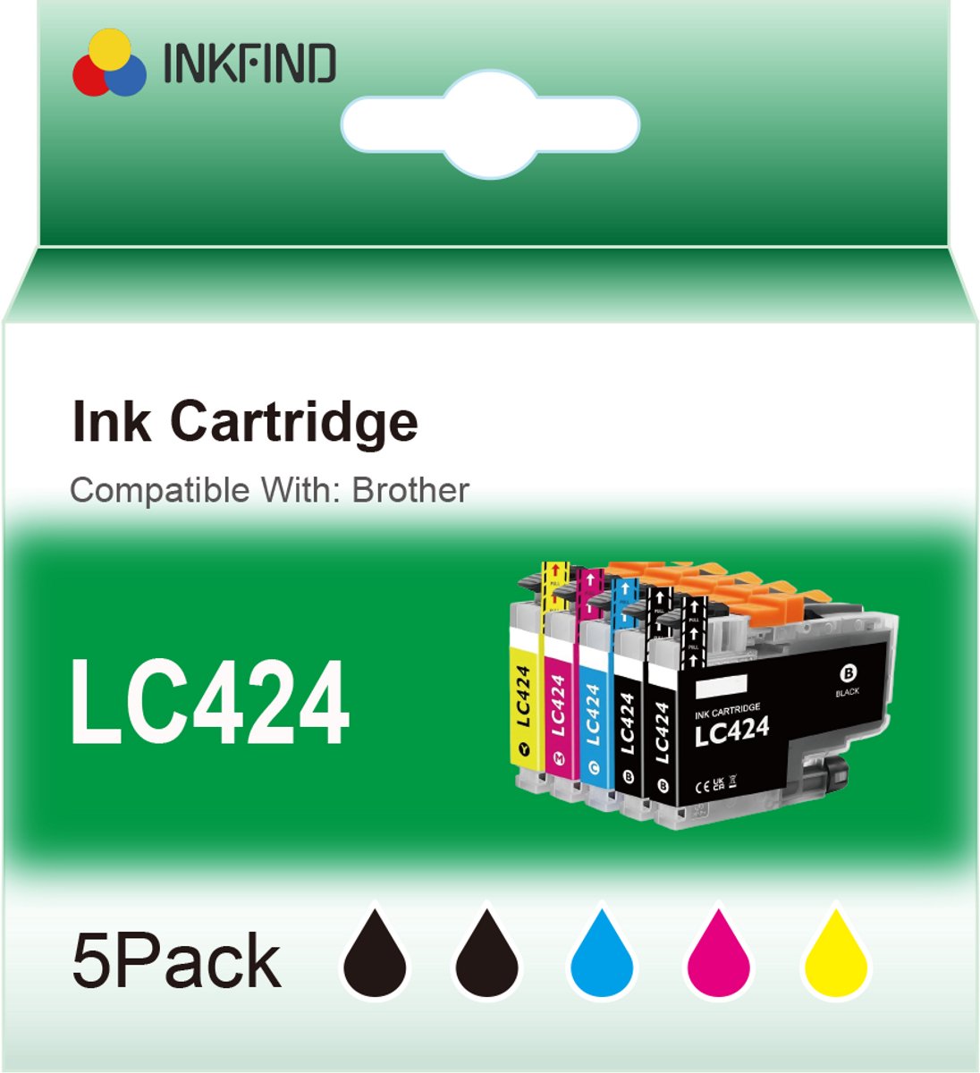 INKFIND LC424 inktcartridge voor Brother LC424 LC-424 BrotherLC424 inktcartridge multipack 5 stuks (Zwart x 2, Cyaan x 1, Magenta x 1, Geel x 1)