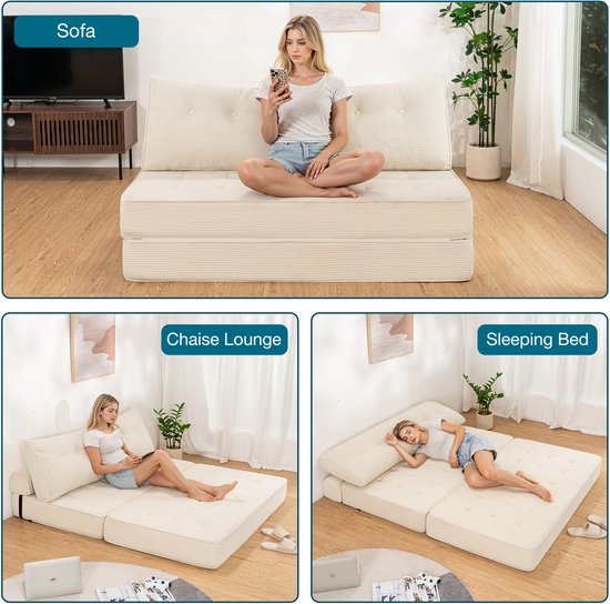 Drie configuraties van de beige opvouwbare slaapbank: als sofa met een zittende vrouw, als chaise longue, en als slaapbed met een slapende vrouw.