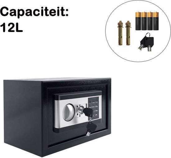 Elektronische Kluis met Codeslot & Sleutel 31 x 20 x 20 cm – Geldkluis / Documentenkluis – Compacte Safe voor Thuis & Kantoor – Zwart/Zilver