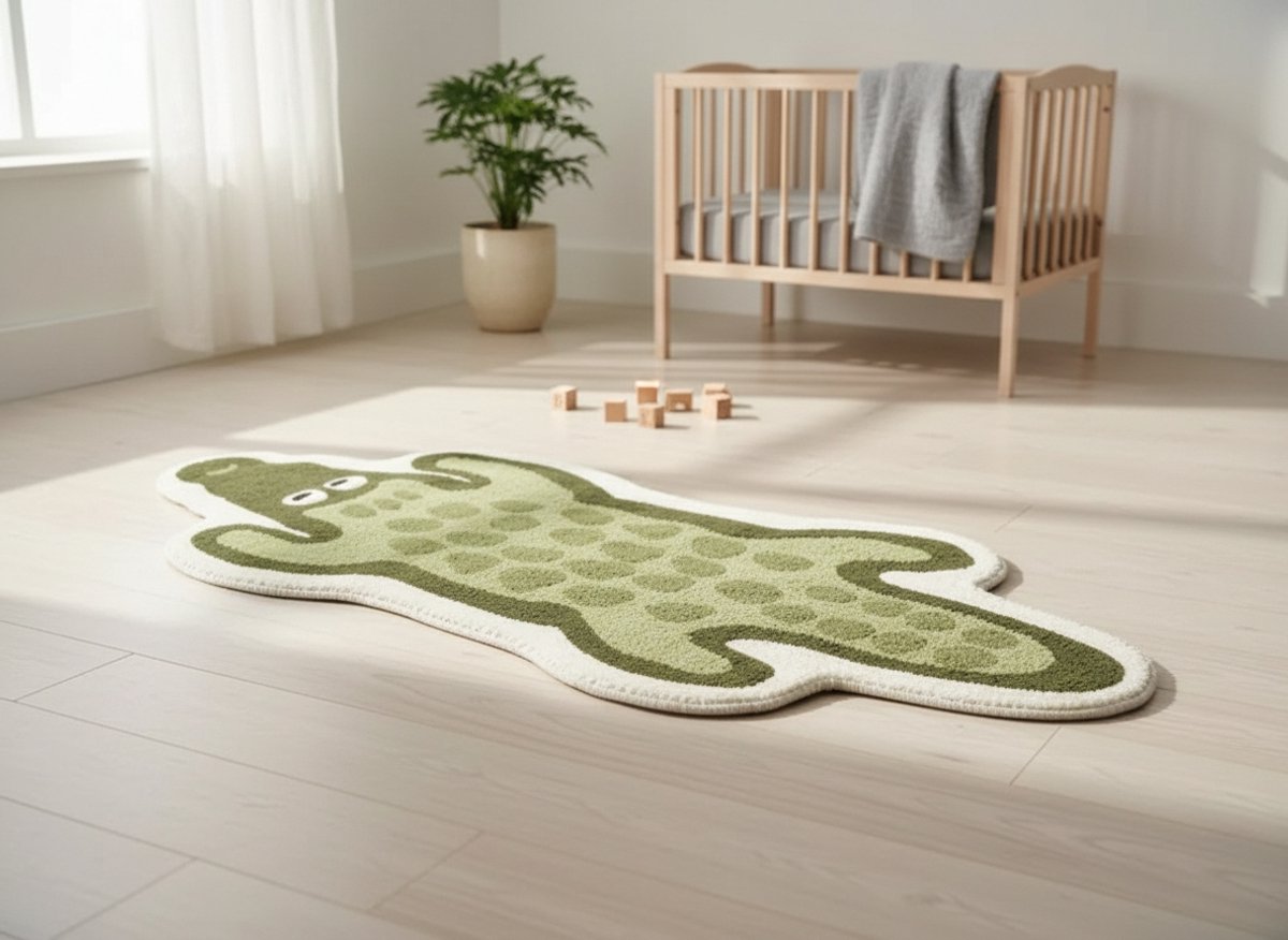 Krokodil Vloerkleed Kinderkamer – Zacht Pluche Speelkleed met Antislip – Groen Dieren Tapijt – Speelmat voor Baby- en Kinderkamer – 120 x 40 cm