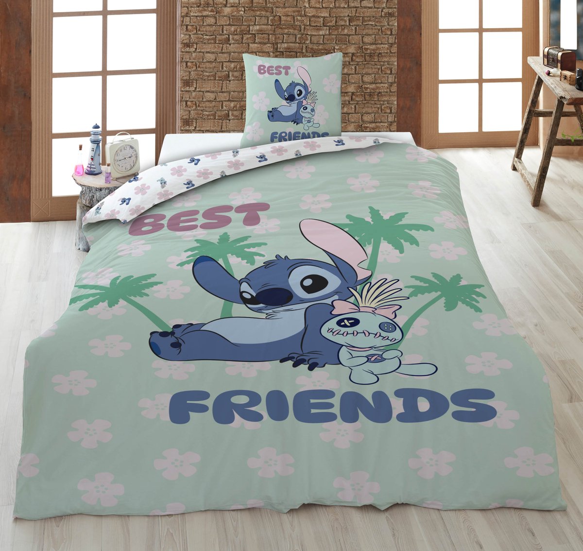 Beddengoed Stitch Disney 140x200 cm + Sloop 65x65 cm Katoenmix Omkeerbaar | Best Friends Scrump | Officiële Licentie