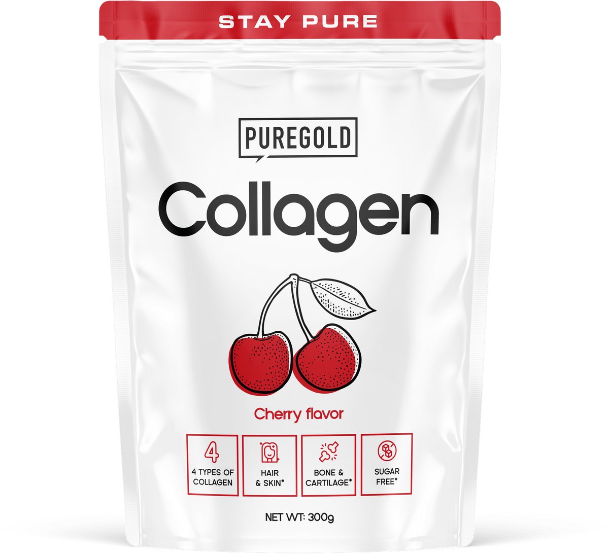 Pure Gold Collagen Rundercollageen Poeder – 300g – Kers – 25 Porties – 4 Types Collageen met Vitamine C, A, Zink & Selenium